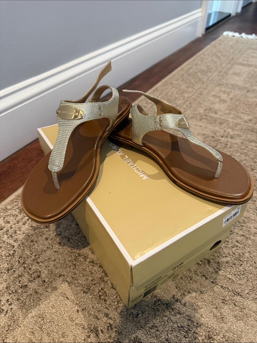 MICHAEL Michael Kors Gold Metallic T-Strap Sandals with Brown Footbed